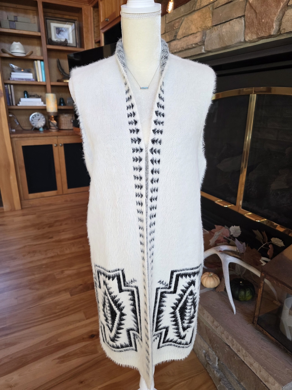 Cozy White Eyelash Sleeveless Knit Sweater Vest with Black Aztec Trim